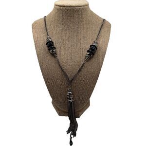 Vintage Ali Khan New York Necklace Blue Crystal Tassel Y Drop Chain Silver Tone